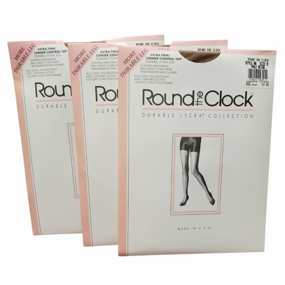 Vintage 1994 Round the Clock Pantyhose Lot of 3 Size B Pale Beige Style 86